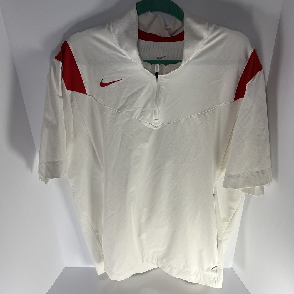 Nike Shirt Mens XL White Red Quarter Zip Short Sleeve Pockets Golf Training GUC